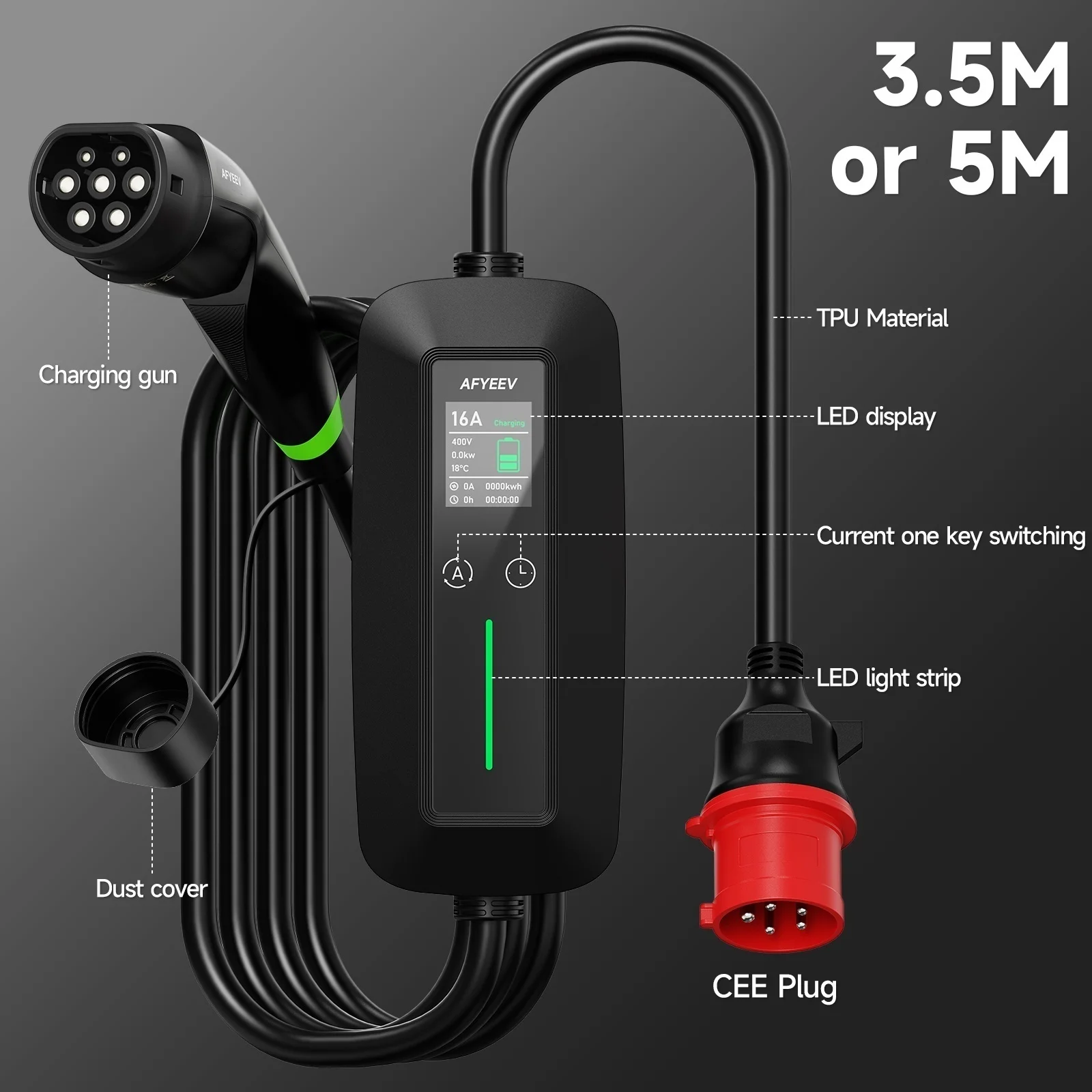 AFYEEV Typ2 Tragbares EV-Ladegerät 11KW 16A GBT Elektroauto-Ladegerät Schnellladung mit Einstellung Ladezeit CEE-Stecker Wallbox