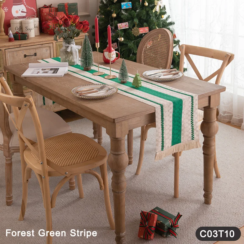 

Тканая хлопково-льняная дорожка для стола, естественные полоски и ромбовидный узор с бахромой для декора обеденного стола