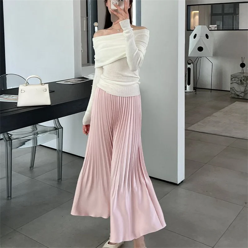 Ruffles Pleated Satin Solid Simple Midi Skirt White Black Pink Gray A-line High Waist Elegant Party Skirt Summer Women