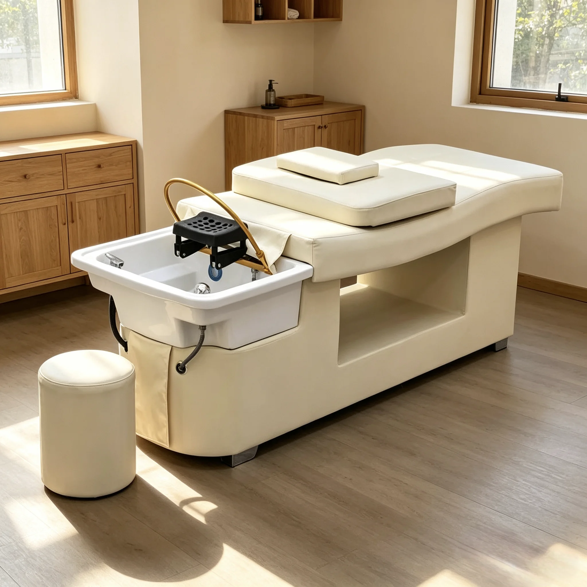 Multi functional hair wash bed with fumigation and steaming water circulation, lying flat to wash hair without bending over, sam