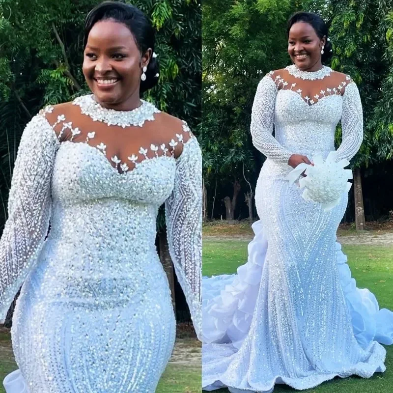 Customized White African Wedding Dress Bridal Gown For Bride Mermaid Wedding Gowns High Neck Long Sleeves Tiers Beaded Lace