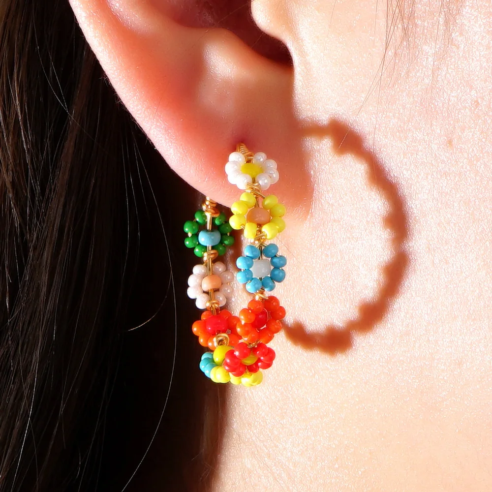 Rice bead earrings Circle Flowers Design Originality Hand knitting Bohemia Alloy Fashion Simple Beaded earrings