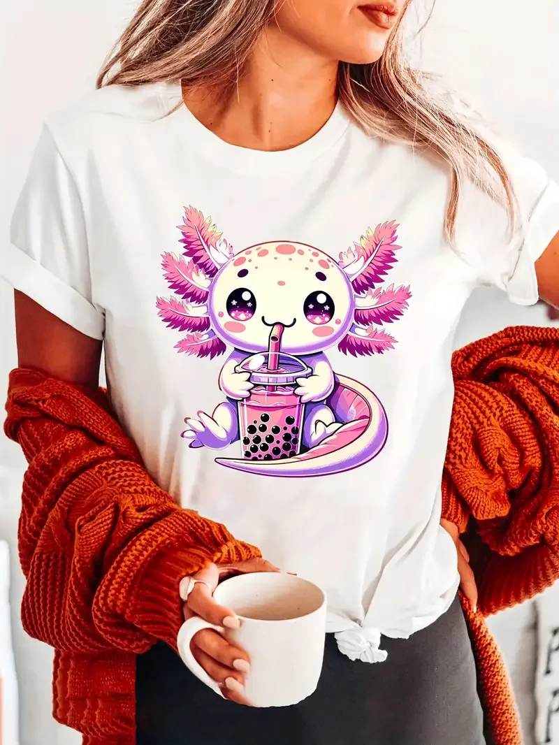 Axolotl Print Crew Neck T-shirt Short Sleeve Casual Top Summer Women\'s Clothing Print Clothing Women\'s Harajuku Graphic Clothing