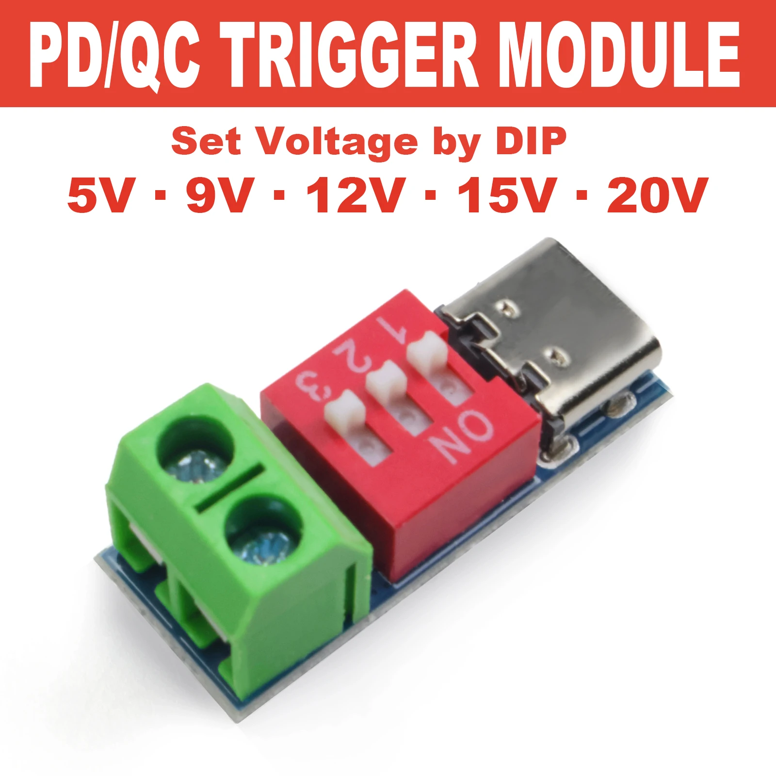 USB-C PD QC Decoy-Trigger-Board 5V-20V Schnellladetestmodul mit DIP-Schalter, einstellbar 100W für Netzteil, LED-Streifen, Kamera