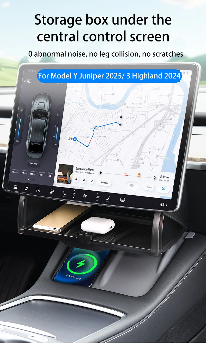 For Tesla Model 3 Y Highland Juniper 2021-2025 Hidden Screen Storage Magnetic Opening And Closing Hidden Large Space Storage Box