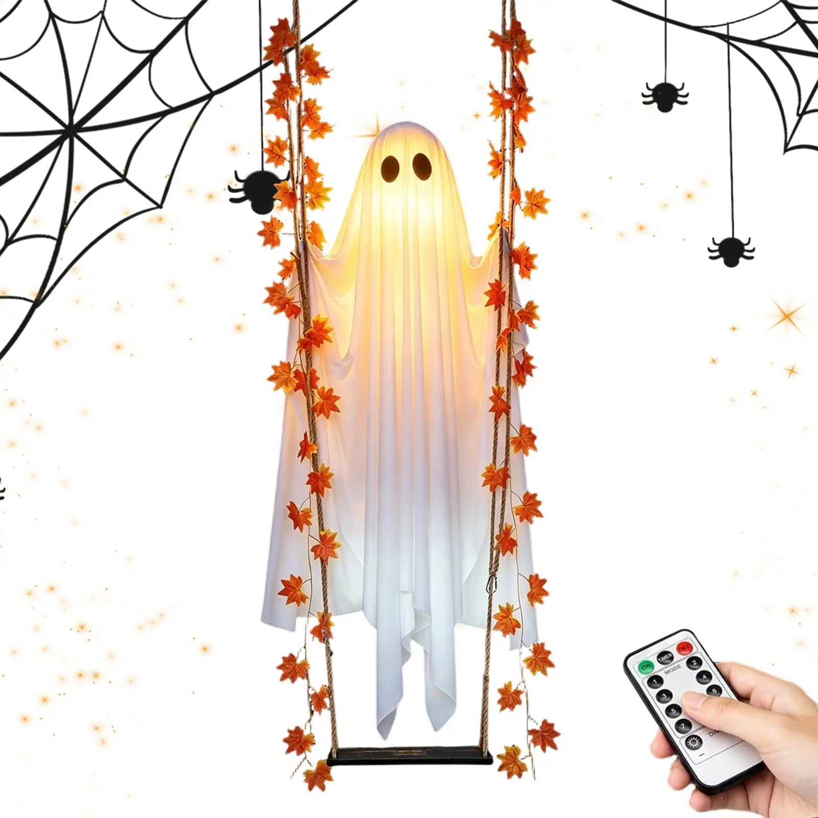 Swinging Ghost Light Up Spooky Ornaments with Remote Control Ghost Halloween Decor for Indoor Outdoor Front Porch Tree Yard