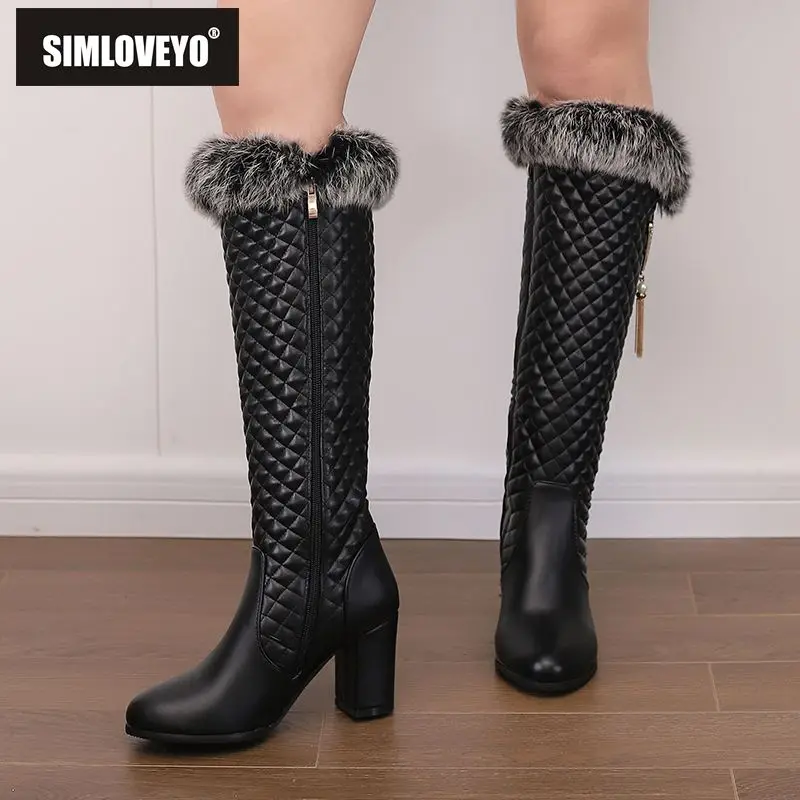 SIMLOVEYO Women Long Boots Pointed Toe Block Heels 7.5cm Decoration Size 49 50 Plush Daily Booties