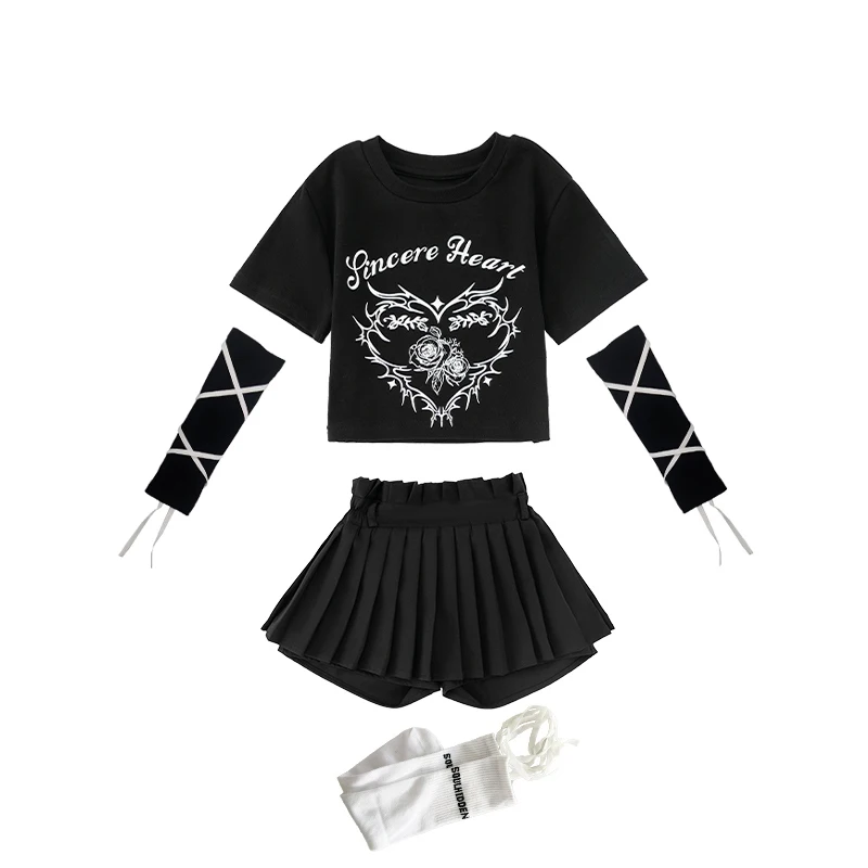 Traje de dança jazz moderno meninas cheerleading desempenho roupas branco preto colheita topos saia crianças hip hop rua dancewear 14688
