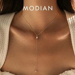 MODIAN 925 Sterling Silver Y-Shaped Pendant Necklace Shiny Clear CZ Long Chain Necklace For Women Engagement Wedding Jewelry
