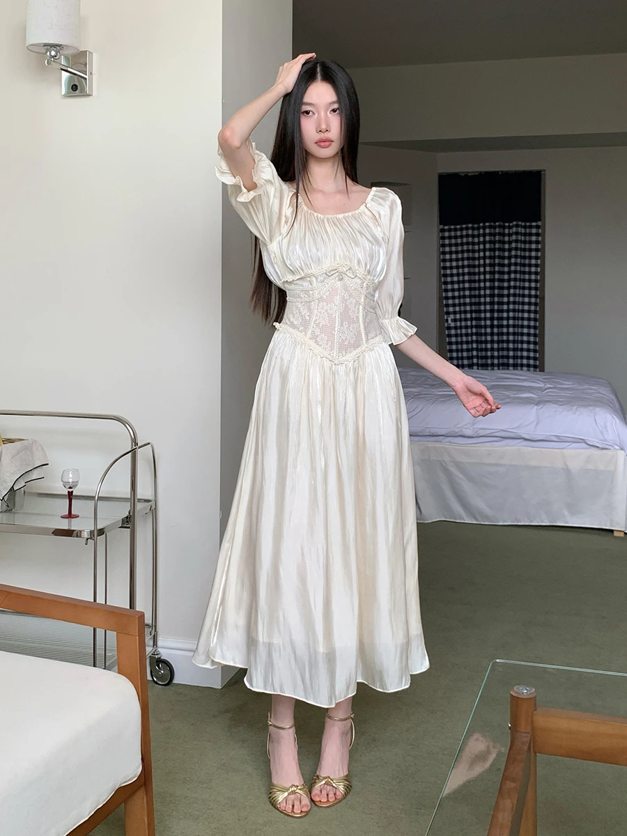 ReddaChic-vestido Medieval Retro de satén con Control de barriga para mujer, vestido largo con faja de encaje recortada y manga abombada brillante, ropa de verano de hadas