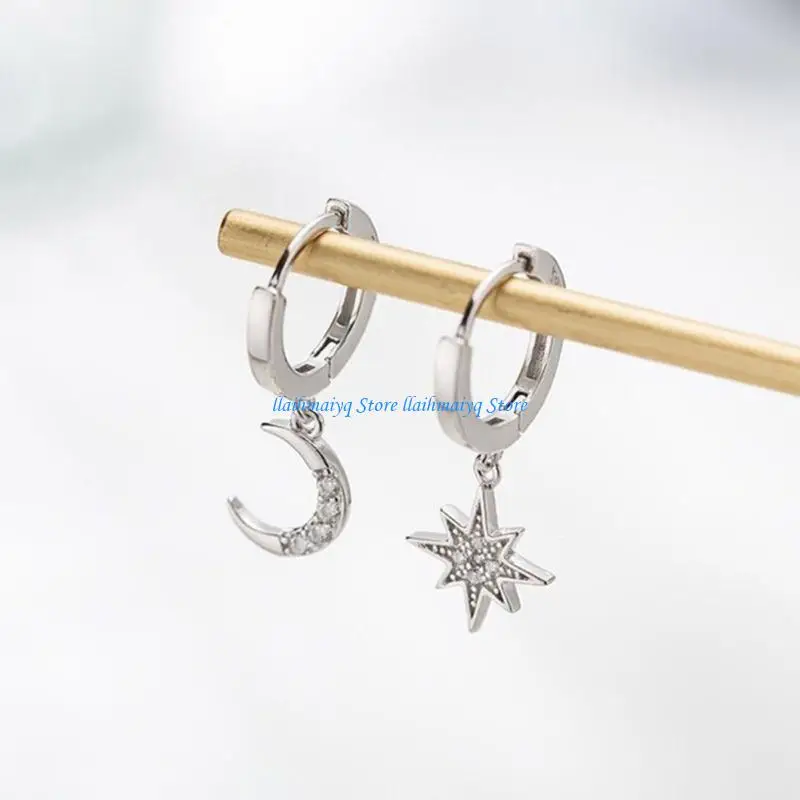 

573B Cubic Zirconia Star Moon Earrings Allergy Proof Asymmetric Hoops Evening Party Jewelry For Women In Three Color Options