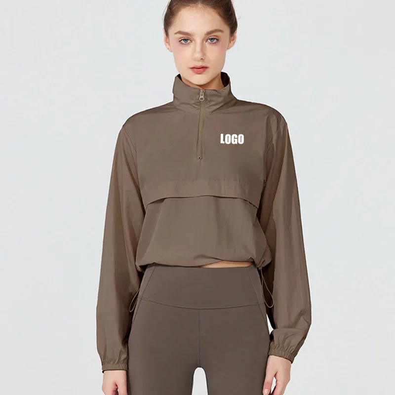 

Женская ветрозащитная куртка с логотипом на заказ, тонкая повседневная солнцезащитная одежда для йоги, топ с длинными рукавами, весенне-летняя свободная спортивная куртка