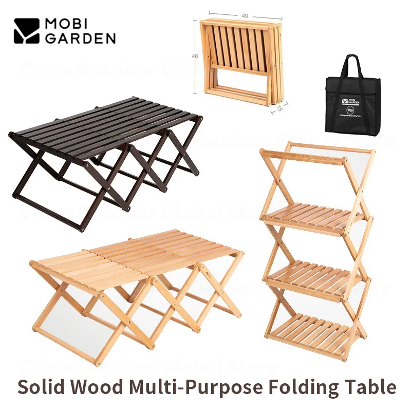 MOBI GARDEN Outdoor Multifunctional Table Shelf Camping Folding Multi-Layer Storage Rack Solid Wood Picnic Table Bearing 30kg