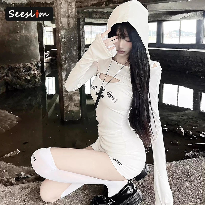 Seeslim مقنعين تي شيرت المرأة قطعتين بلايز طويلة الأكمام الخريف الربيع ضئيلة 2000s الملابس Y2k القوطية تيز الإناث الملابس شيك