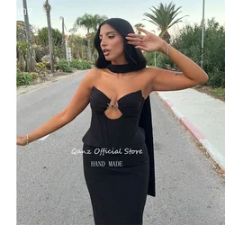 Qanz Sexy Black Sheath Evening Dresses Mermaid Satin with Scarf Bespoke Occasion Dresses Strapless Party Gown Women Customized