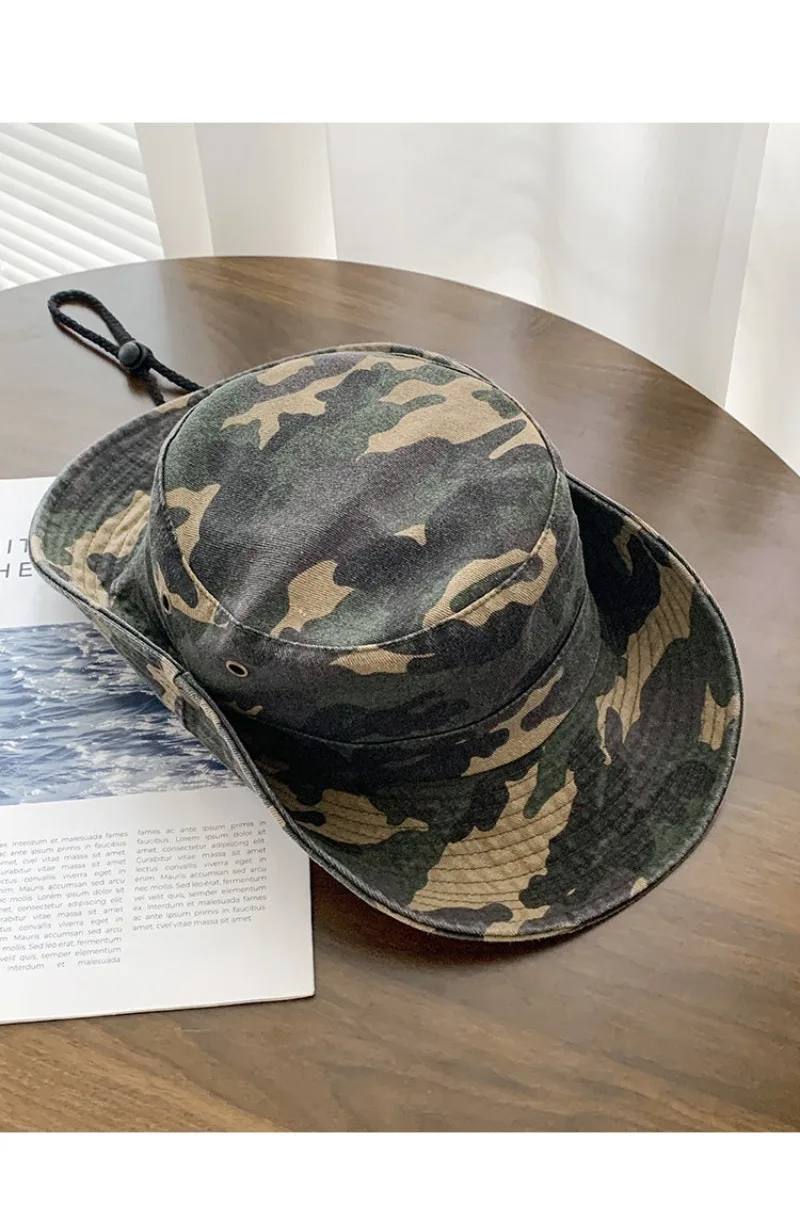 Neuer amerikanischer Camouflage-Fischerhut mit großer Krempe für Herren und Damen – ideal für Frühling und Sommer, Outdoor, Wandern, Camping, Sonnenschutz – Detail 7