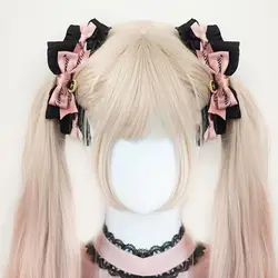 Lolita Preto Rosa Bow Hair Clip, Japonês Doce Legal Handmade Headwear, Acessórios Anime