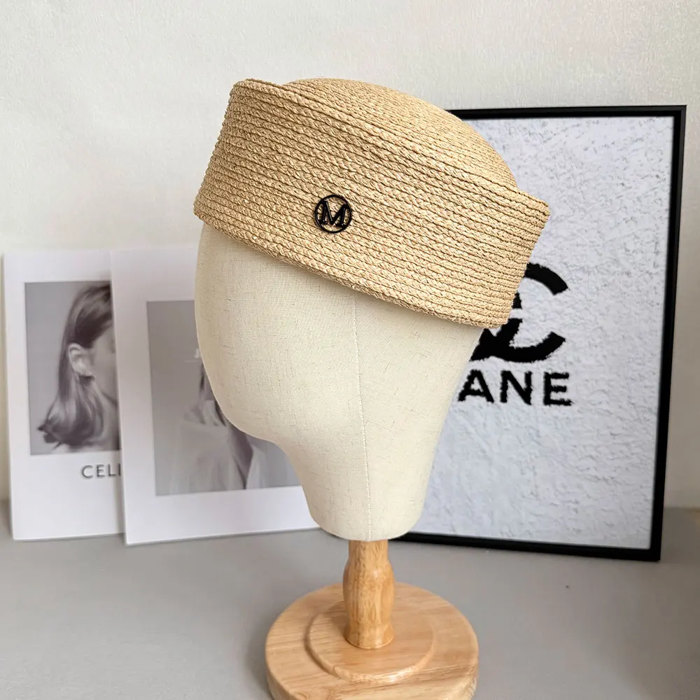 Korea Designer M Letter 100% Raffia Hat Fashion Summer Berets Women's Concave Top High Quality Sunhat Wedding Dinner Church Cap