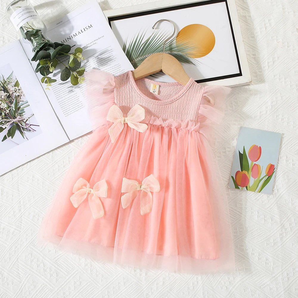 New Summer Girls' Dress Small Flying Sleeve Ribbon Bow Solid Color Mesh Dress Sweet Princess Dress (0-3 Years Old Girls' Wear)