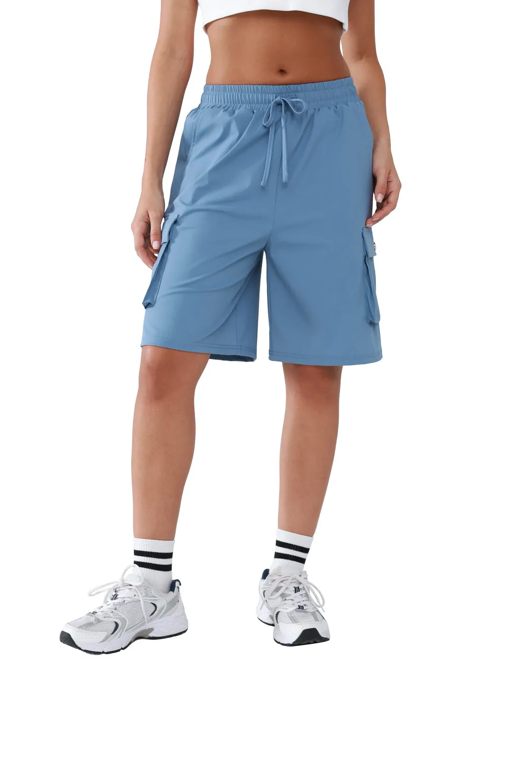 

Summer Women Athletic Shorts Elastic Waist Solid Color Cargo Shorts With Pockets Outdoor Drawstring Knee Women's Workout Shorts