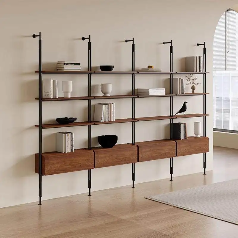 Cream wind wall shelf living room floor storage bookcase wrought iron minimalist wall hanging multi-layer solid wood shelf books