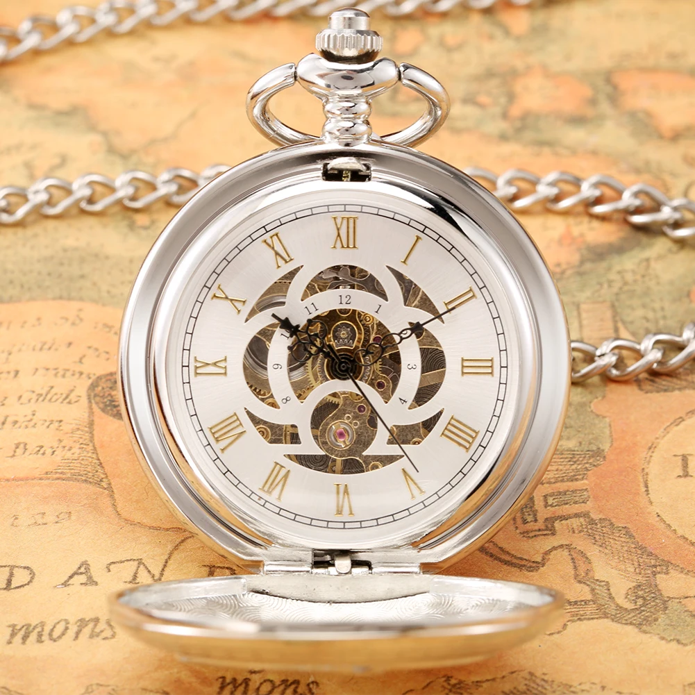 Reloj de bolsillo mecánico Manual con esfera de números romanos, tren plateado, colgante de cadena Fob Retro, reloj de estilo antiguo, regalo para hombre