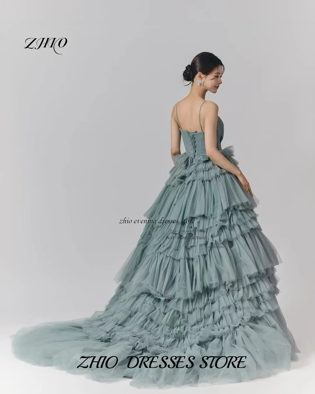 ZHIO Dusty Blue Fairytale เกาหลี Tulle ชุดราตรี A-Line สปาเก็ตตี้สายรัด Fluffy Layered แฟชั่นชุดราตรีที่กําหนดเอง