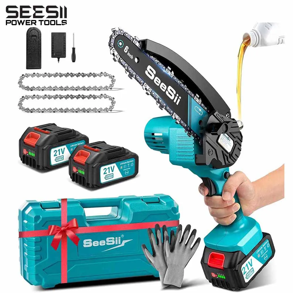 SEESII-Mini motosierra inalámbrica de 6 pulgadas, sierra eléctrica de 15,2 cm, sierra de poda de jardín recargable para carpintería, pin de batería Makita de 18V