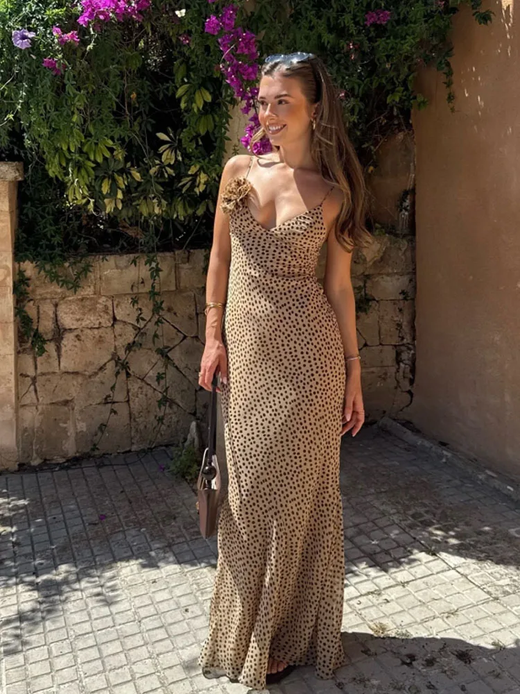 HH Female Temperament Zipper Slim Suspender Dress Women's Summer Fashion Sexy V-neck Flower Decoration Polka Dot Long Dress