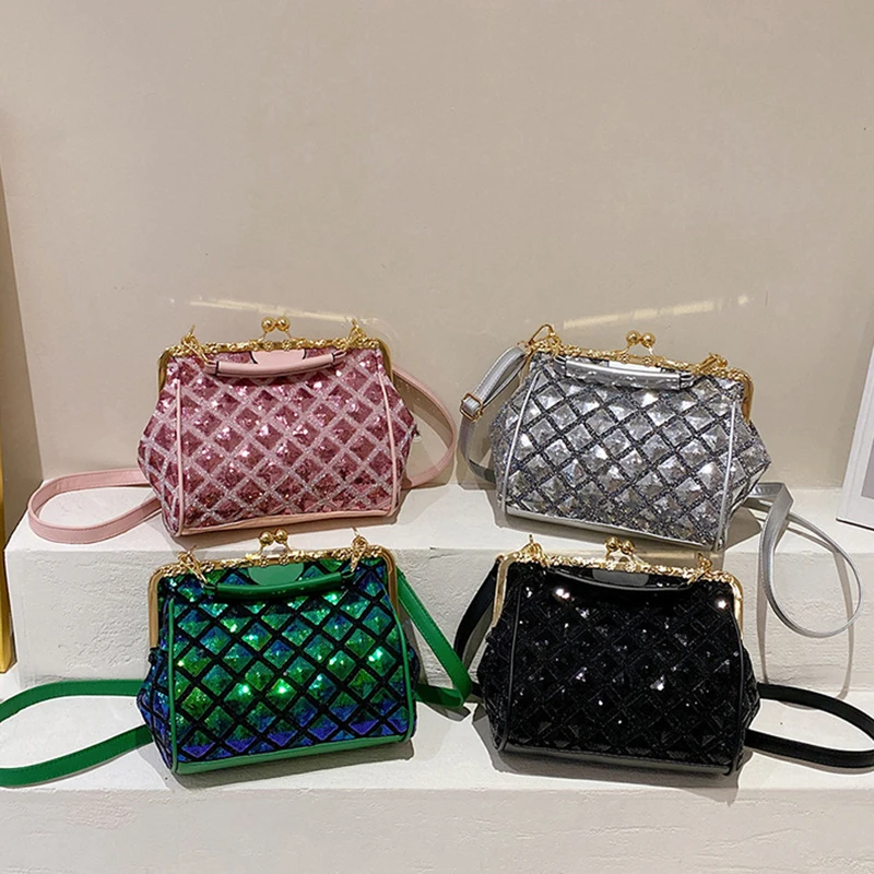 Women Diamond Lattice Sequined Shoulder Bag with Kiss Lock Top Handle Satchel Sac Ladies Purses Handbags Femme Crossbody Bags