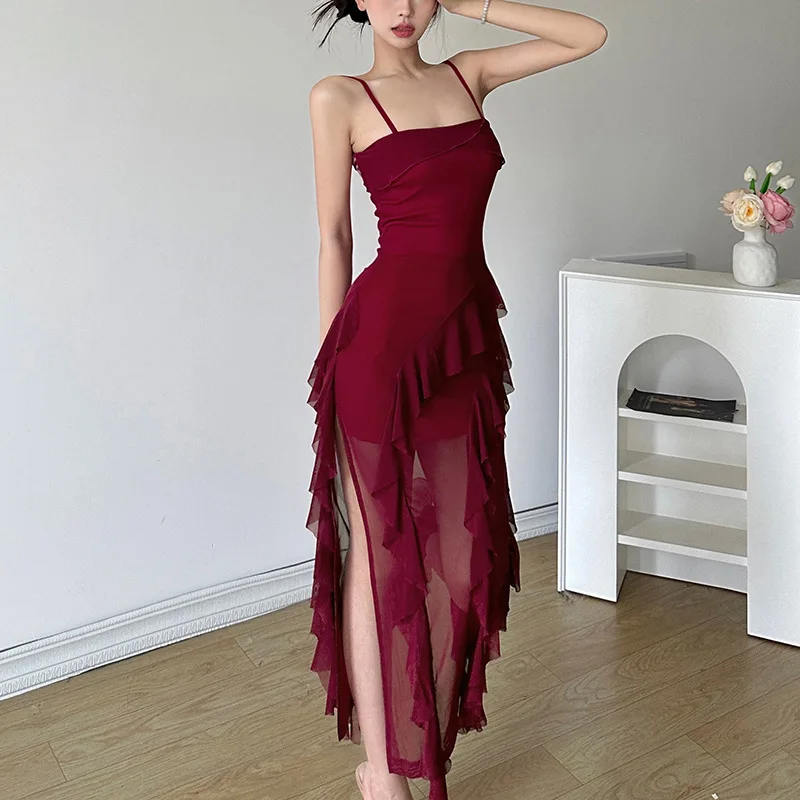 

Women Maxi Dress Summer Elegant Solid Sleeveless Nipped Waist Slim Backless Ruffled Irregular Party Dresses Y2k Streetwear 원피스