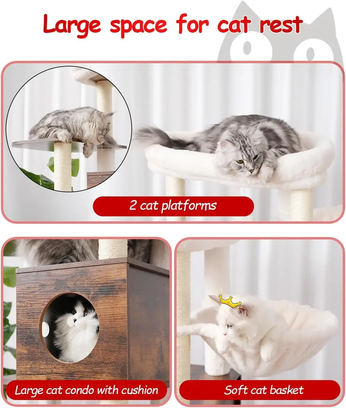 Árbol para gatos con caja de arena, torre grande de madera para gatos, condominio para gatos de interior con jardín de juegos (hoja, césped, gomas para el cabello)