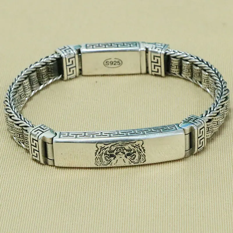 S925 sterling silver Tiger Year Tiger Bracelet for men's zodiac year silver jewelry made of old Thai silver engraved with rotati