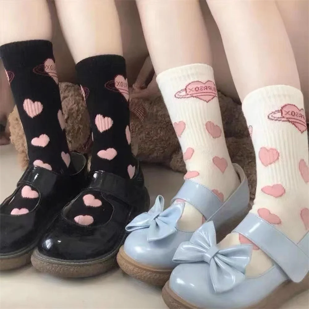 Lolita Socks JK Girls Tube Mid-calf Socks Pink Love Heart Japanese Korean Cute Student White Black Jk Socks Long Cotton Socks