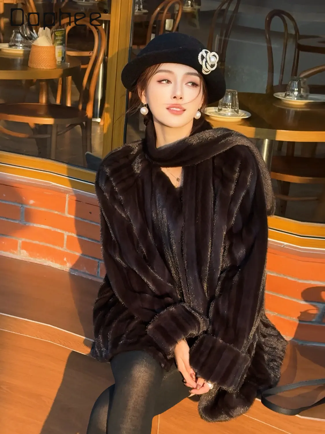 Écharpe intégrée Imitation vison manteau de fourrure écologique mi-long haut de gamme Vintage épaissi veste en peluche fourrure manteaux intégrés