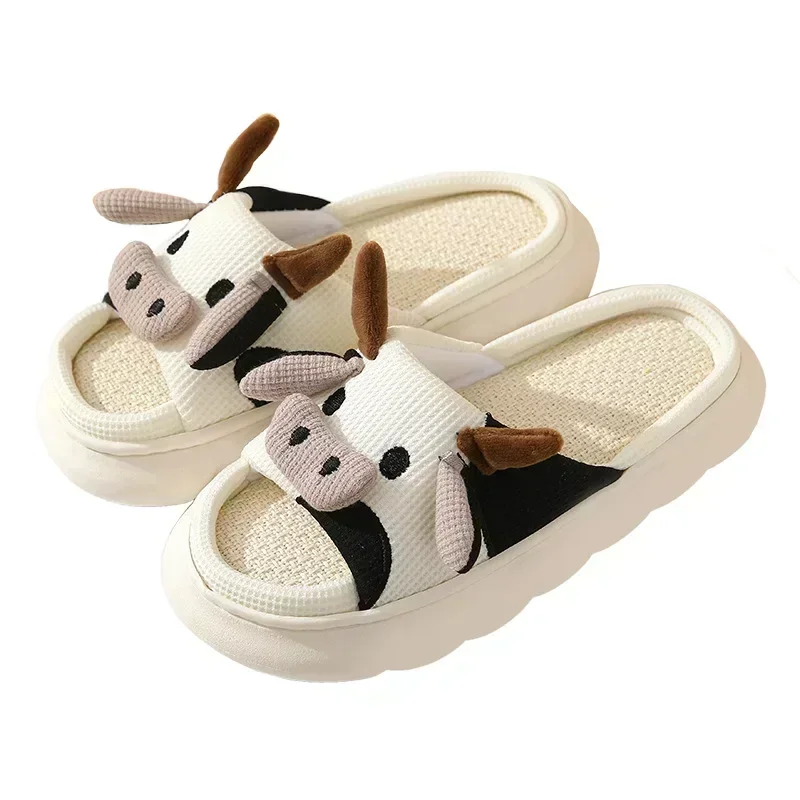 Four Seasons Universal Indoor Home Cotton Linen Sandals Cute Cartoon Cow Linen Slippers Non-slip