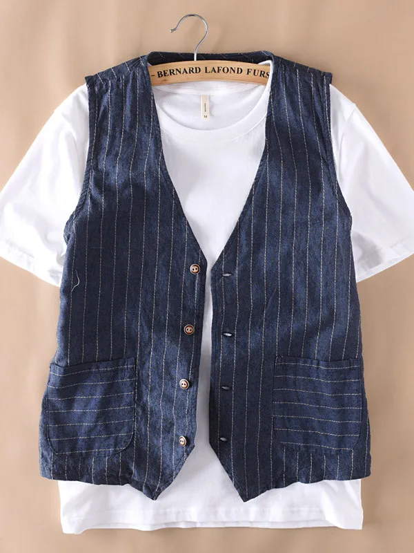 British Style Men's Linen Vest Thin Formal Suit Sleeveless Business Casual Wear Breathable V-Neck Patch Pocket Summer Top