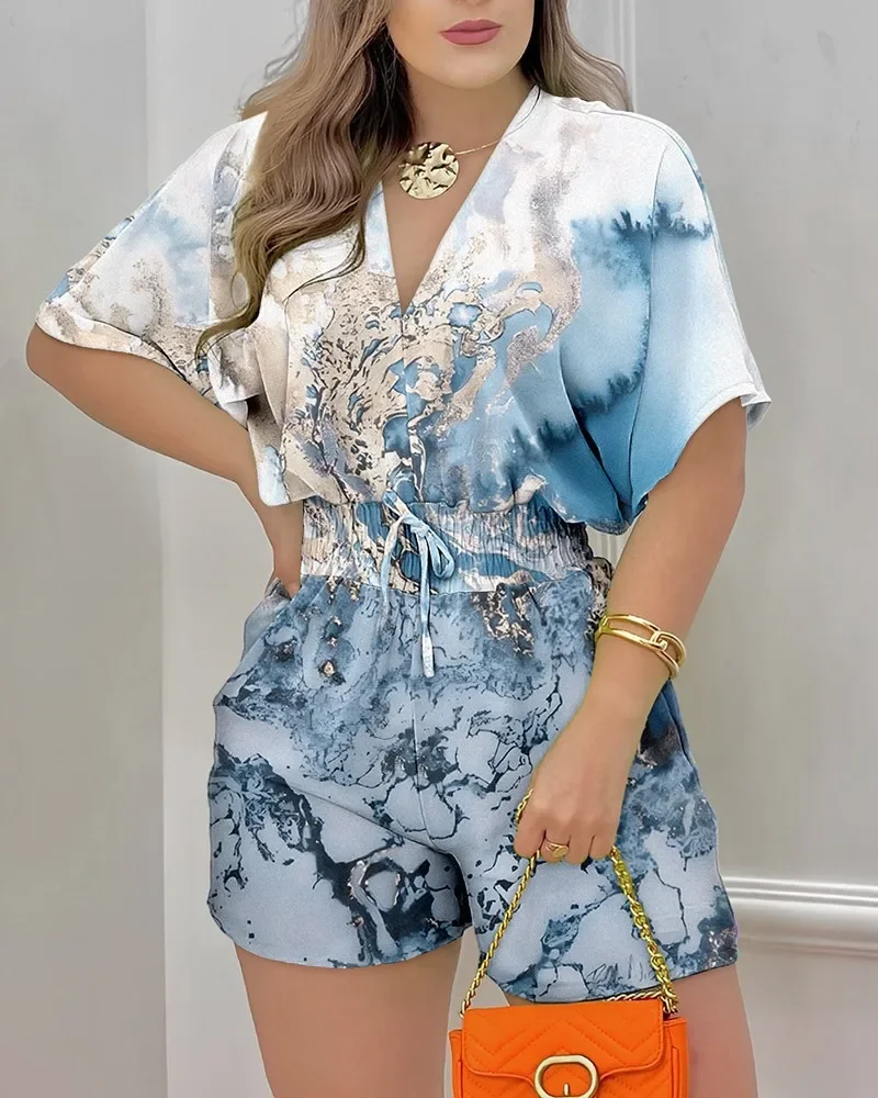 Women Print One Piece Short Sleeve V Neck Tops Rompers Overall Elastic Waist Shorts Suits Jumpsuits Ladies Summer Bohemian