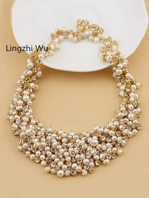 Lingzhi Wu Natural Fresh Water Pearls Exaggeration Short Necklace Wedding Bride Gem Necklaces