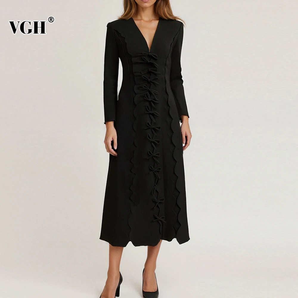 

VGH Solid Elegant Office Lady Dress for Women V Neck Wrist Sleeve High Waist Patchwork Bowknot Temperament Midi Dresses Female