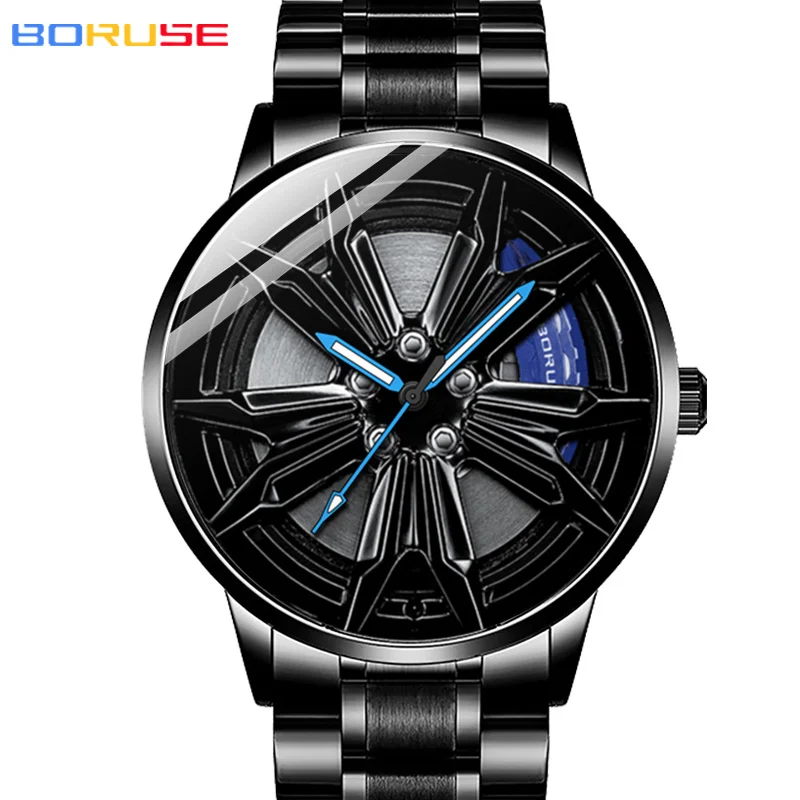 BORUSE 2024 Fashion Men\'s Car Wheel Watches for Men Sports Waterproof Quartz Wristwatch Stainless Steel Wheel Hub Watch