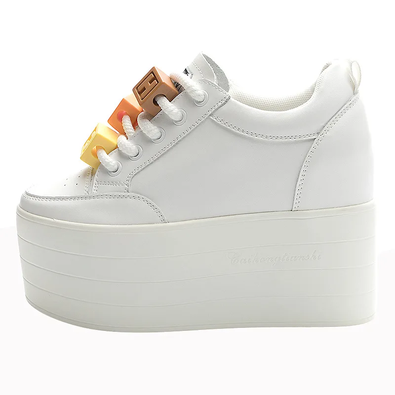 

High Heel Leather Thick Sole Platform Shoes 12cm Hidden Height Increase Slimming Casual Sneakers for Petite Lightweight Women