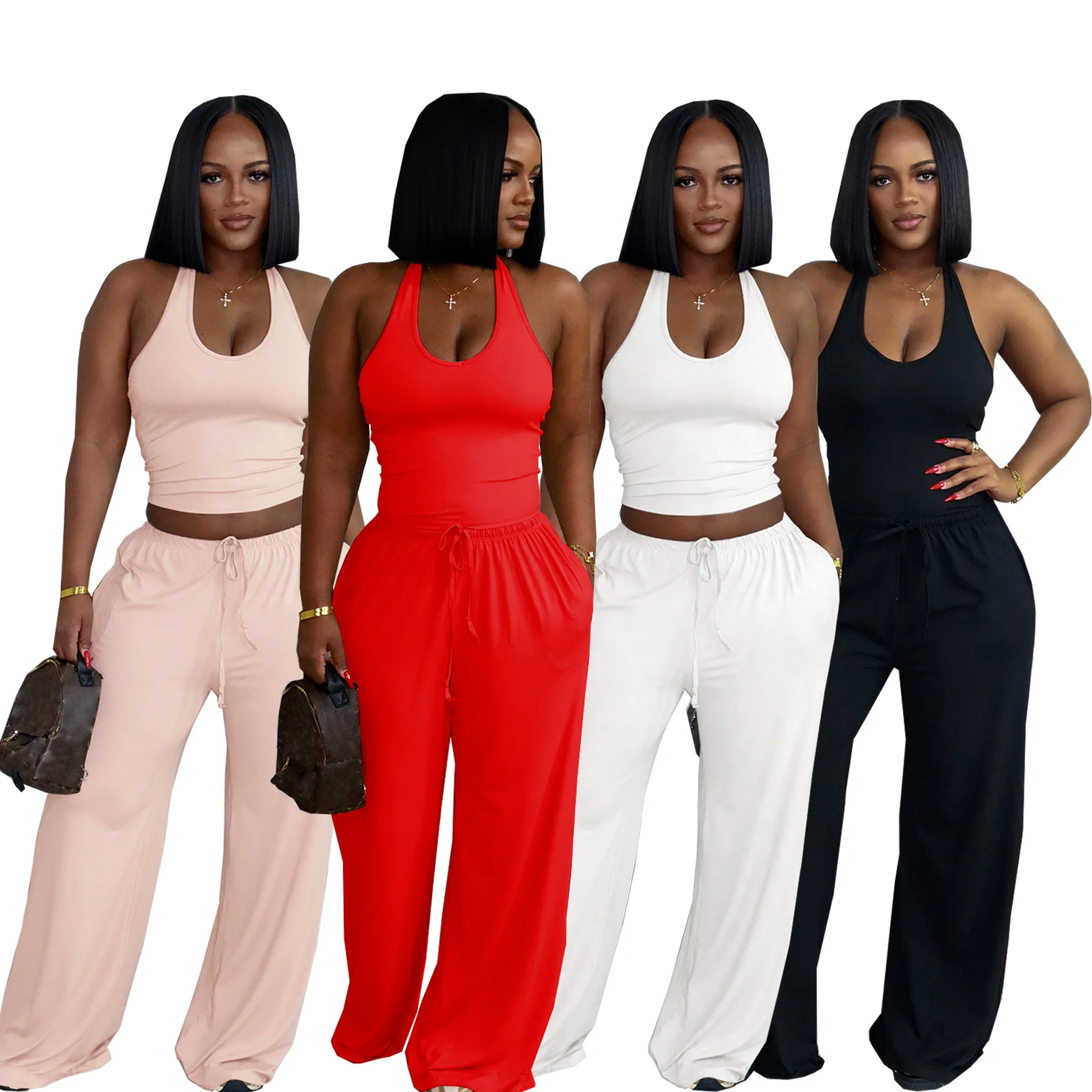 Conjunto Casual de Verano para Mujer, Estilo Urbano, Cuello Halter, Pantalones Anchos de Cintura Alta, Tela de Poliéster, Sin Mangas, Color Macaron