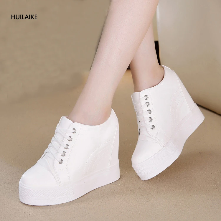 

11CM Women Shoes Vulcanized Sneakers New White Platform Autumn Wedge Lacing Strap High Heels Shoes Fashion Casual Ladies Size 40