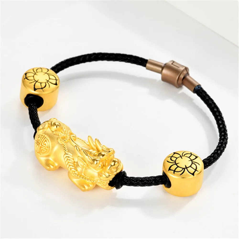 Pure 999 24K Yellow Gold Men Women Dragon Pixiu Beads Bracelet 3.2-3.4g