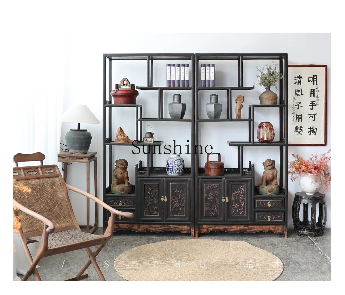 Duobao Pavilion Solid Wood Chinese Antique Tea Display Cabinet Living Room Partition Storage Ming and Qing Classical  FT