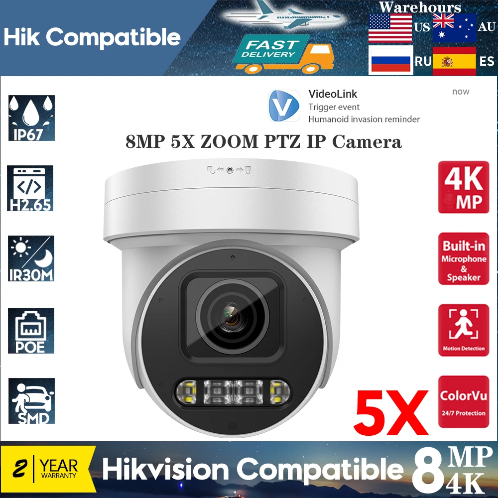 

Hikvision Compatible 8MP POE 5X Zoom PTZ Camera Smart Dual Light ColorVu IR Built-in Mic Speaker Video Surveillance 2-way Audio