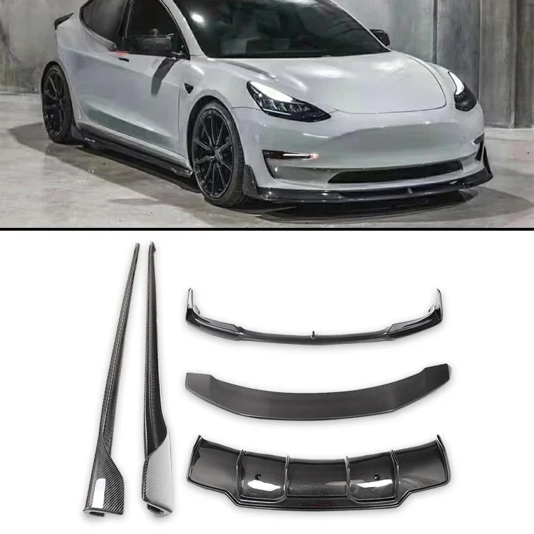 

V Style Carbon Fiber Body kit car bumper For Tesla Model 3 bodykit Carbon Fiber Front Lip Side Skirts Rear Diffuser Spoiler Wing