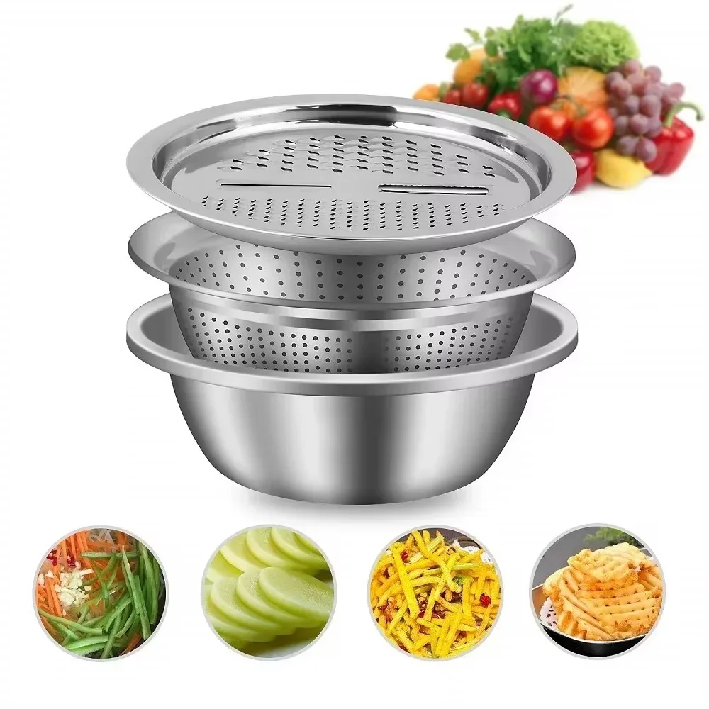 

Stainless Steel Vegetable Slicer Grater 3 in 1 Multifunctional Rice Washing Drain Basket Sink Vegetable Cutter Colander