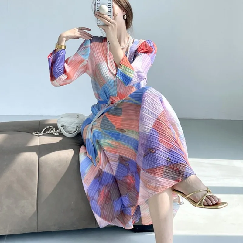Miyake 2025 Herbst Neue Gedruckt Plissee frauen Kleider Krawatte Taille Temperament Französisch Elegante Lange Kleid Europa Falten-Freies kleidung
